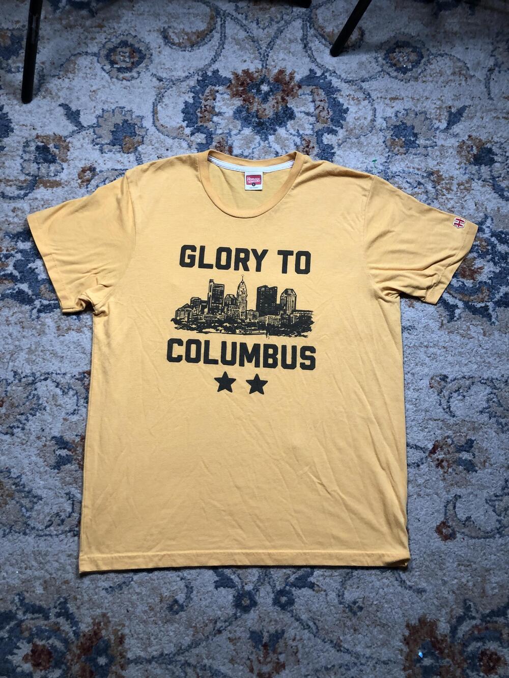 Homage Shirt Mens Large Yellow Glory to Columbus Skyline Graphic Tee T-Shirt
